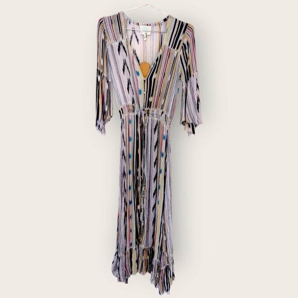 ZI Womens Dress Sz Small‎ Maxi Vneck Button Front Raw Edges Rayon Blue Festival - Picture 1 of 13